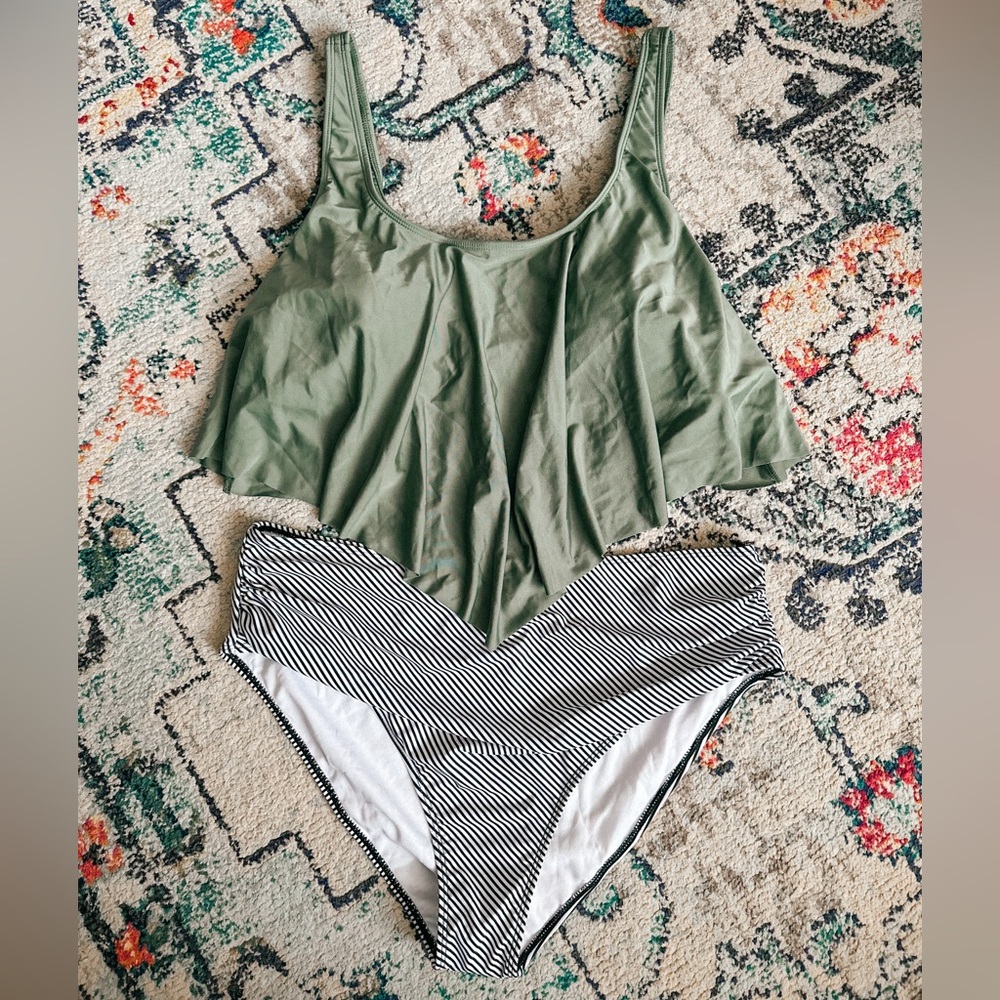 Olive Flounce + Striped Bikini Swim Suit